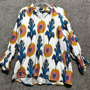 Boho Chic Women's Multicolor Print Top Aztec Smocked Sleeve Blouse Size Large
